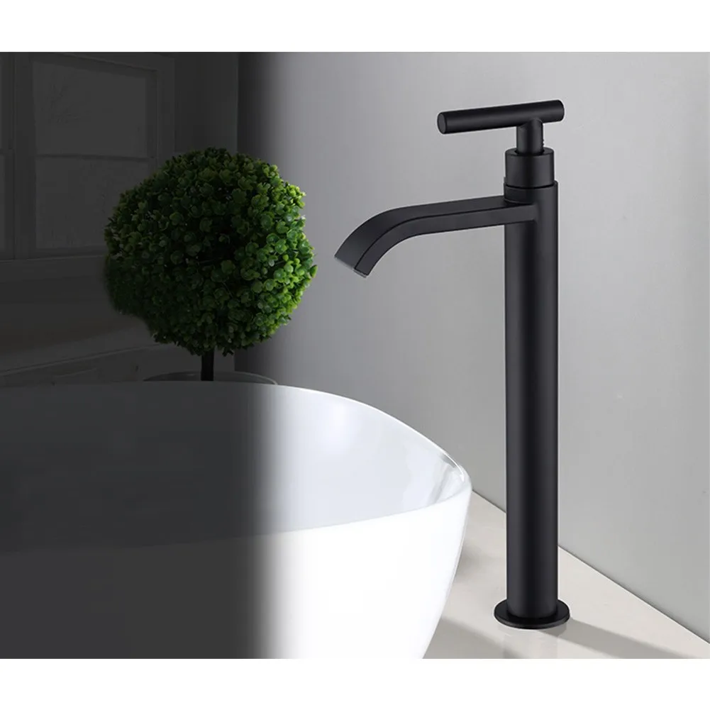 

Bathroom Basin Faucet Stainless Steel Waterfall Tall Sink Vessel Tap Single Cold Vessel Matt Black Single Handle Lavotory Faucet