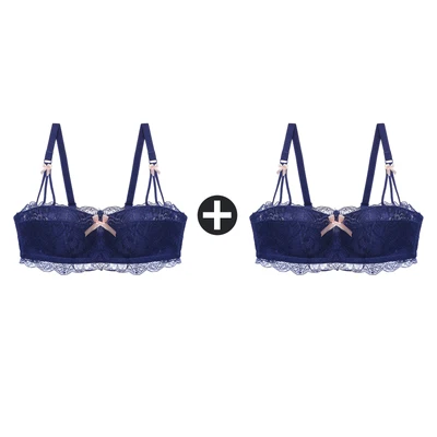 Blue And Blue Top 2 шт., бюстгальтеры для женщин, маленькая грудь, беспроводной бюстгальтер, кружевной бесшовный бюстгальтер с эффектом пуш-ап и трусики, набор, половина чашки, сексуальные трусы, нижнее белье - Цвет: Blue And Blue Top