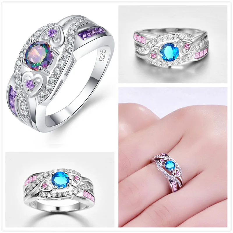 Новые Обручальные кольца изысканное Двойное сердце радуга синий и розовый белый