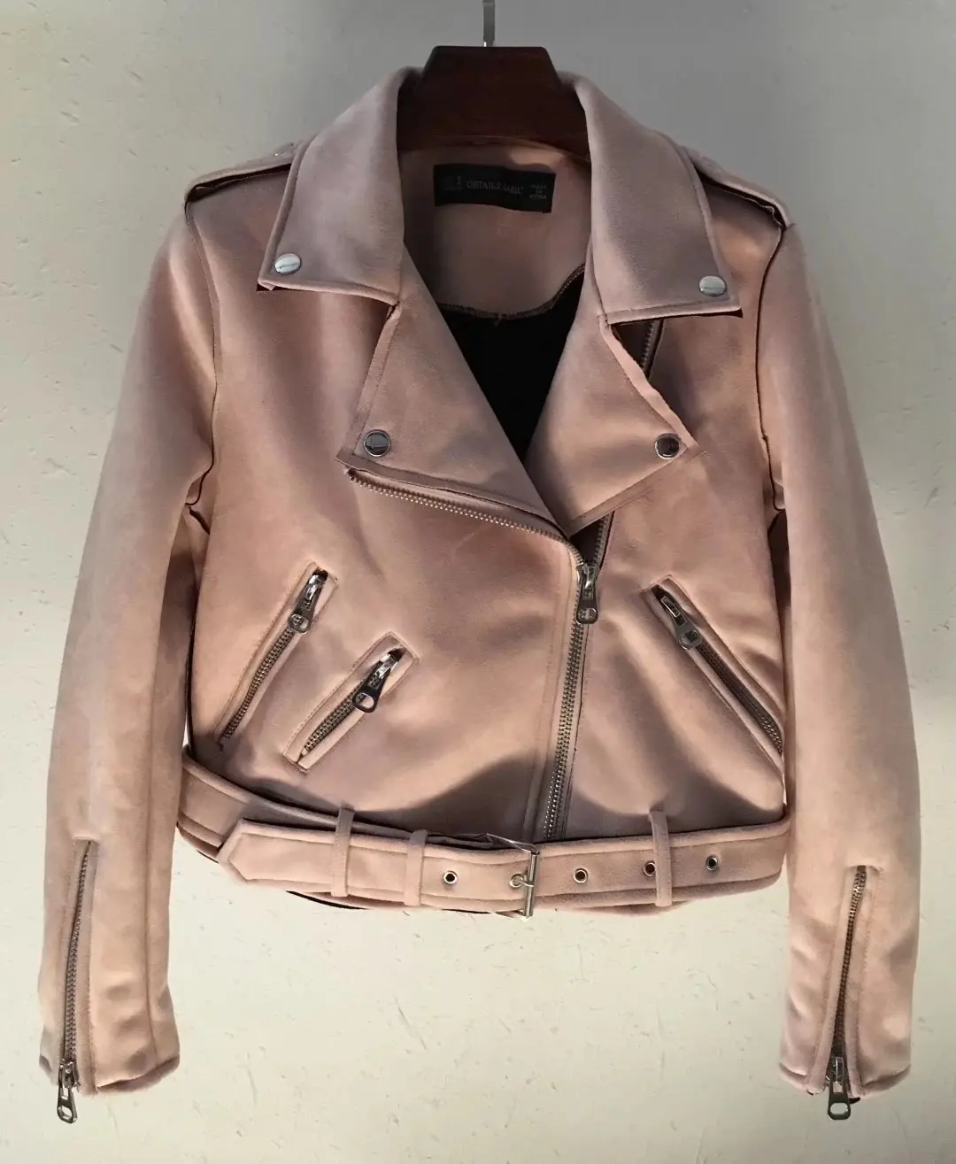 

Women's 2020 Spring Autumn Long Sleeved Short Couture Suede Leather Lady Jacket Coat Casual Zip Button Outwear With Waist Strap
