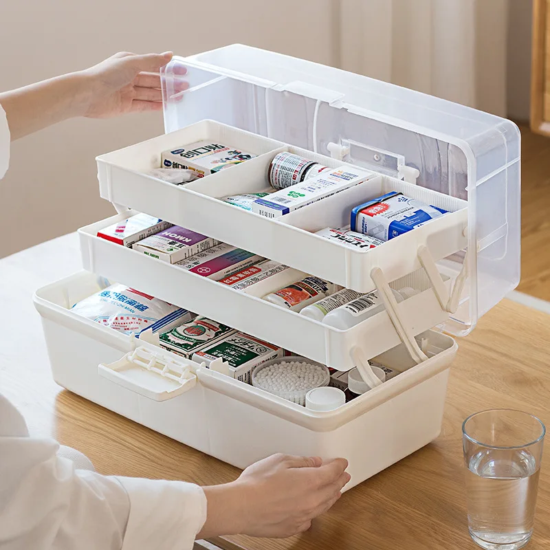 

Large Medicine Box Plastic 3 Tiers Portable Storage Box Transparent Cover First Aid Kit Sundries Organizer Cabinet Pill Box