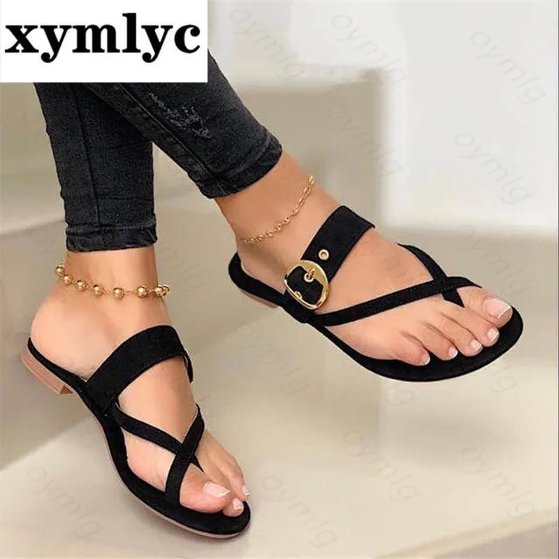 

2020 женская летняя обувь модные женские туфли на плоской подошве с пряжкой; Вьетнамки с подошвой из цельного дерева; Однотонные женские туфл...