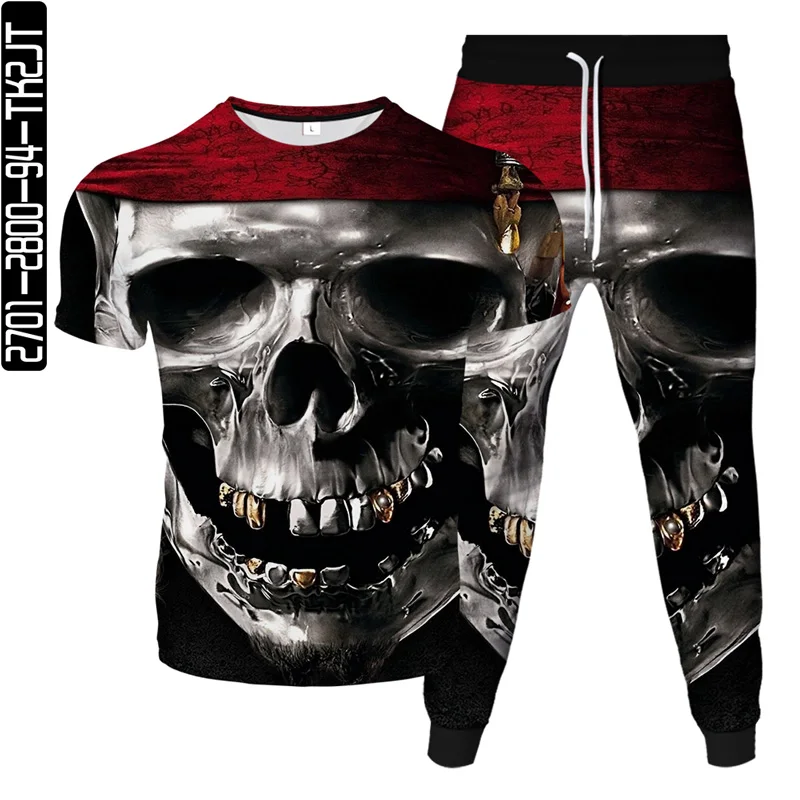 

Skull Men's T-shirt Hip Hop 3D Pants Horror O-neck T-shirt Spring and Summer Fashion Top + Casual Pants Two-piece Streetwear 6XL