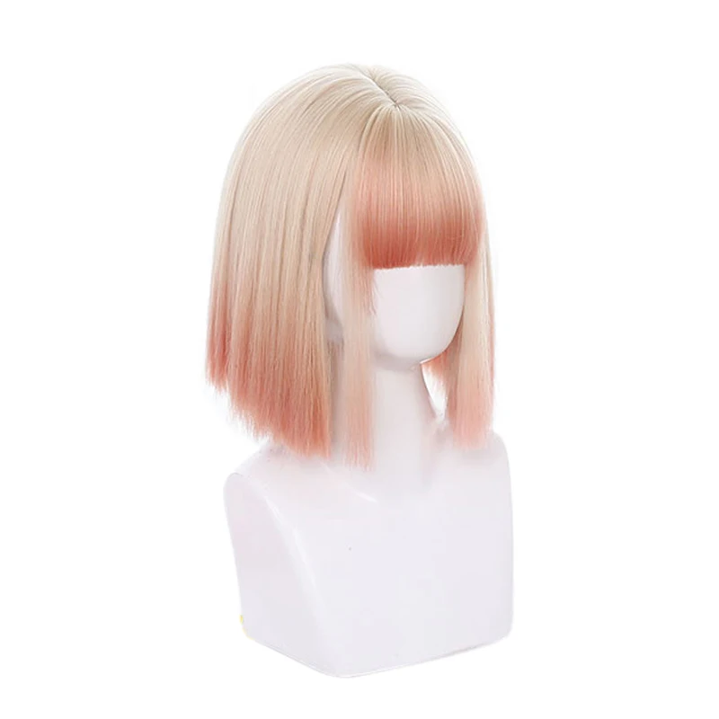 

Gradient Beige Orange Lolita Harajuku Headwear Short Straight BOBO Sweet Bangs Light Golden Blonde Youtuber Adult Girls Cosplay