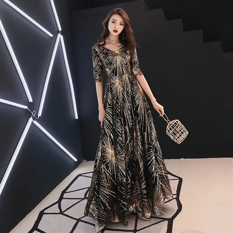 

Black Fashion Sequins Chinese Sexy Queen Oriental Party Female Cheongsam Stage Show Qipao Dress Elegant Celebrity Banquet Dress