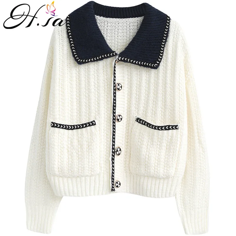 

H.SA Women Autumn Sweater and Cardigans Turn Down Collar White Knit Cardigans Button Pearl Elegant Cardigan and Jumpers 2020