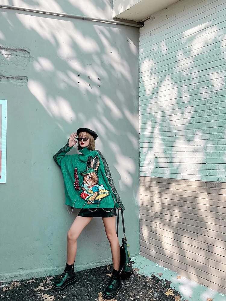 QING MO Green Women Cartoon Printed Sweater 2021 Turtleneck Knitted Female Patchwork ZQY6349 | Женская одежда