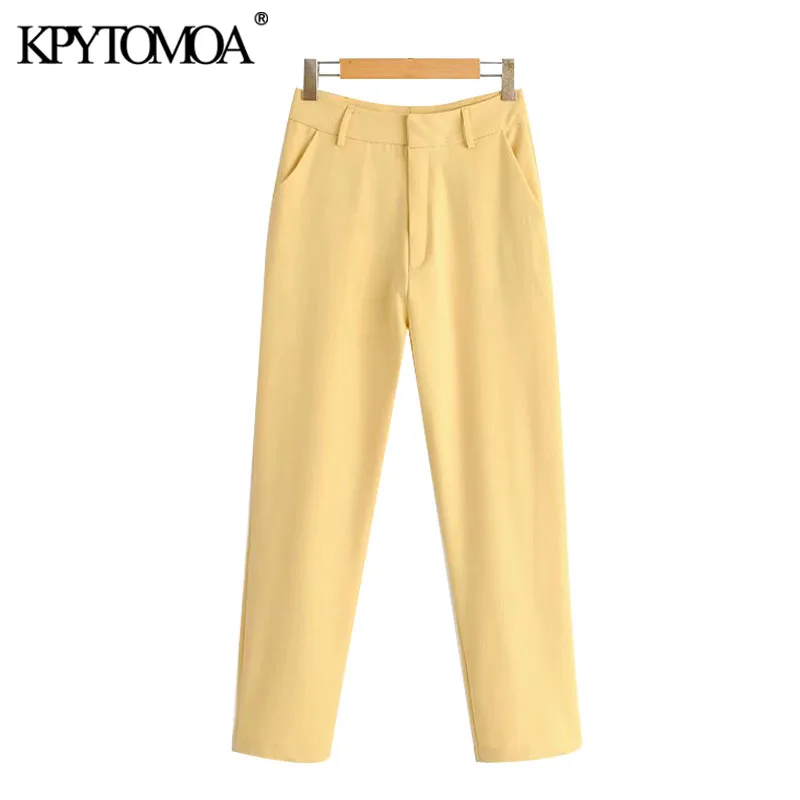 

KPYTOMOA Women 2021 Chic Fashion Office Wear Straight Pants Vintage High Waisted Zipper Fly Pockets Female Ankle Trousers Mujer