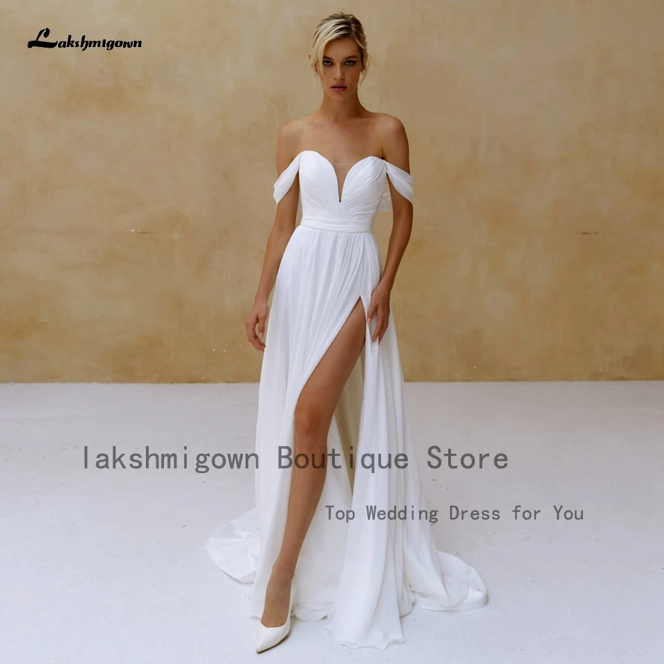 

Lakshmigown Дешевое Пышное шифоновое длинное пляжное свадебное платье с открытыми плечами и рюшами пикантное свадебное платье 2022 Robe Femme