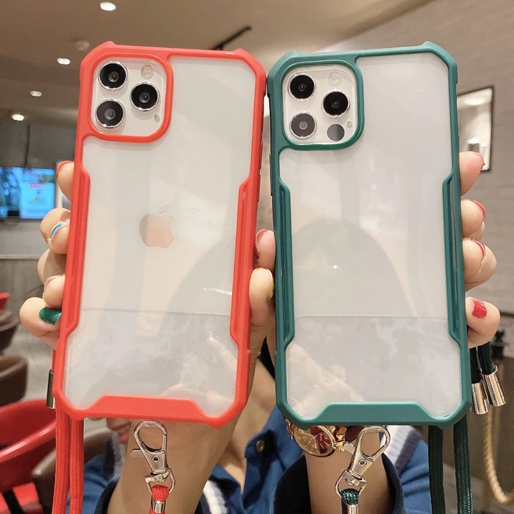 

Transparent Amor With Lanyard Shockproof Case for iPhone 12 X 11 Pro 12 Pro XS Max 8 7 6 Plus XR 12 Mini 12 Pro Max Back Cover