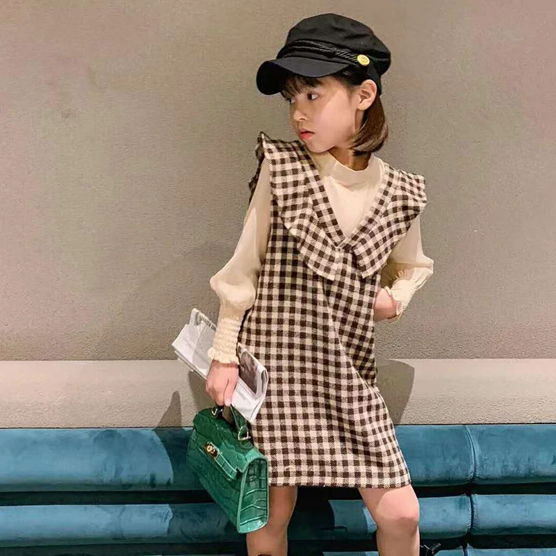 

Girls Chiffon Bottoming Shirt With V-neck Sleeveless Plaid Dresses 2 Piece Clothes Set Spring Autumn Kids Fashion Outfits 3-7Y