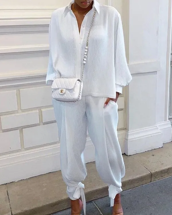 

2021 Fashion Women's Suit Screw Loose Top Stand Collar Long Sleeve Shirt Pocket Pants Tie Hem