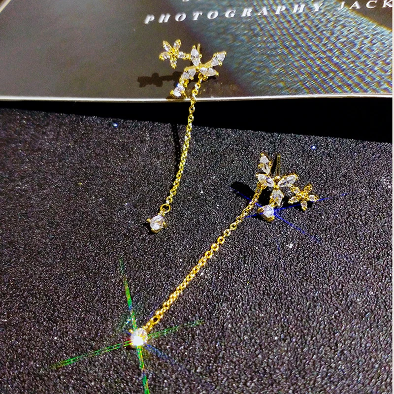 

New Fashion Fine 14K Real Gold Flower Crystal Tassel Earrings for Women High Quality Jewelry AAA Zircon S925 Silver Needle Gift