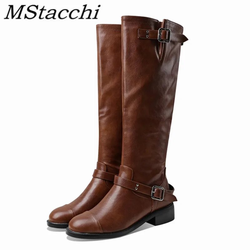 

MStacchi Luxurious Solid Color Woman Knee-length Boots Sewing Low Heel Belt Buckle Zipper Casual Shoes Women's Military Boots