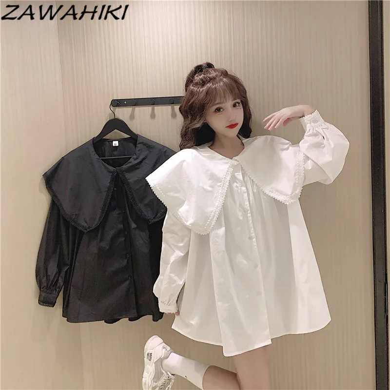 

ZAWAHIKI Spring Autumn White Peter Pan Collar Women's Shirt New Korean Style Solid Plus Size Long Sleeve Tops Fashion Clothes
