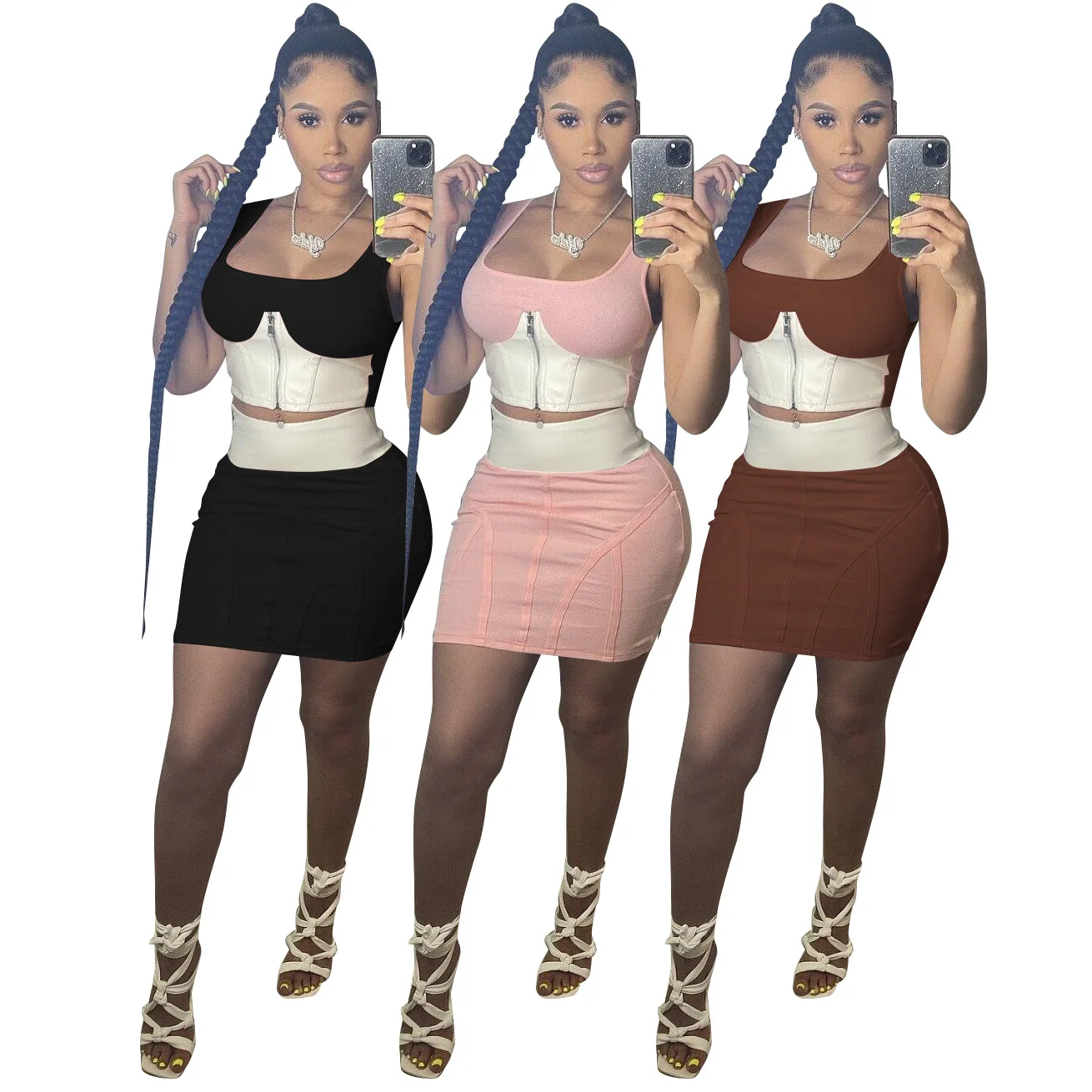

Women Tank Sleeveless Tops With Skirts Patchwork Women Dress Sets
