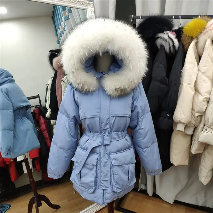 White Down Coat Winter Woman Fashion New Hooded Fur Collar Warm Thicken Cotton Clothing Casual Parkas Belt Overcoat f1401