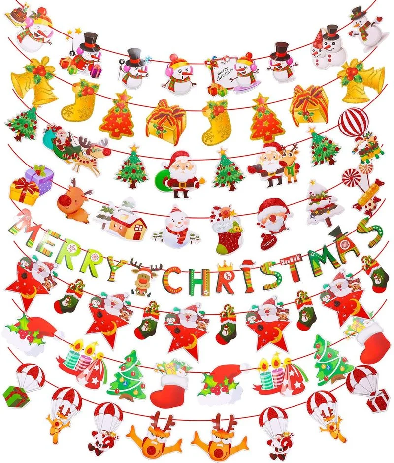

2.5M Christmas Banners Paper Hanging Flags Home Santa Claus Snowman Deer Xmas Tree Bunting Garland Merry Christmas Decorations