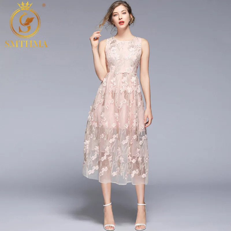 Женское летнее платье без рукавов SMTHMA элегантное Сетчатое до середины икры с