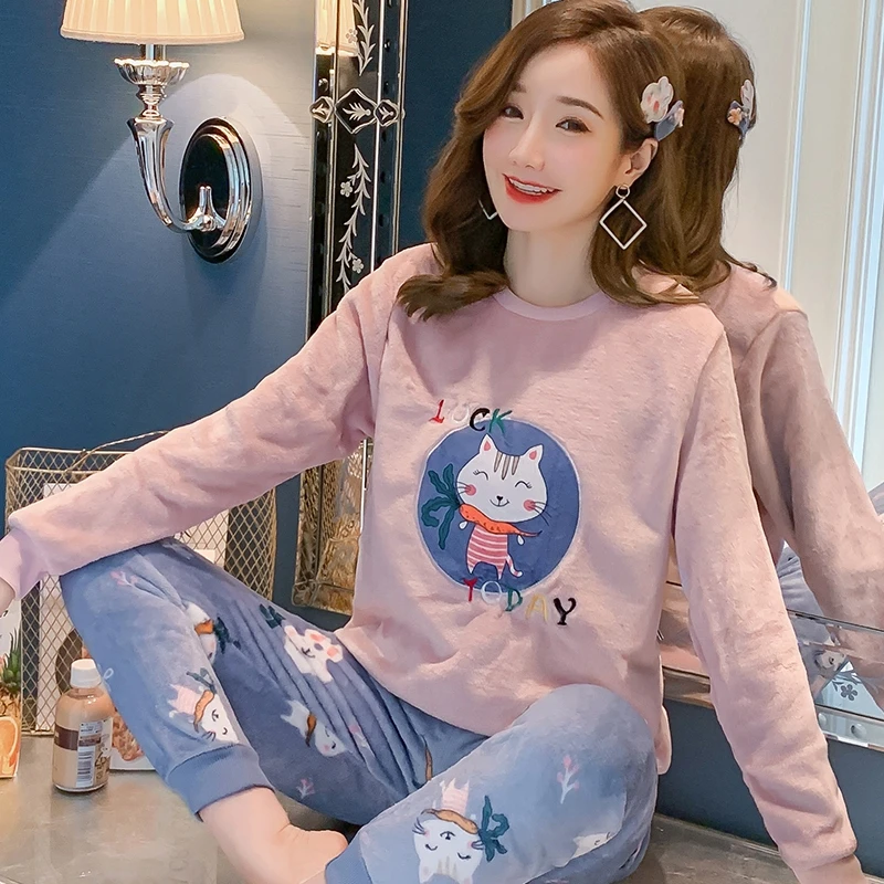 

Autumn Winter Women Pyjamas Sets pajamas Sleepwear Suit Thick Warm Coral Flannel nightgown Female Cartoon Animal Pijama Mujer