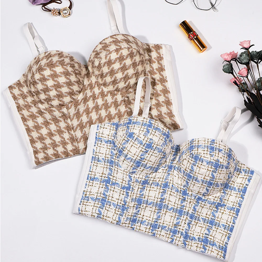 

New Women's Corset Thousand Bird Check Bra Lace Hook Flower Suspender Vest Women's National Bra Pad Bra Bra Can Be Worn Outside