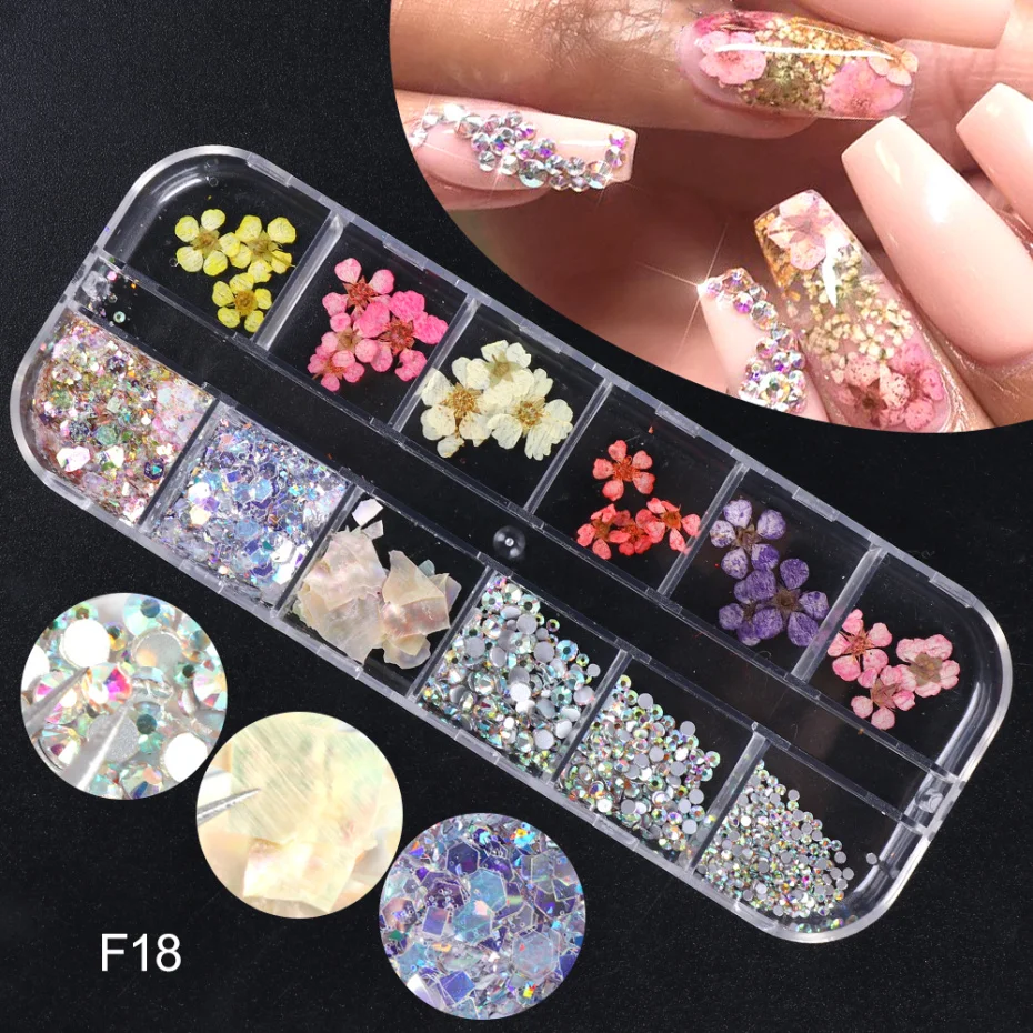

Dried Flower Nail Rhinestones Set Mixed Butterfly Foil Shell Paillette 3D Nail Art Decoration Bead Manicure Accessories LA1616-1