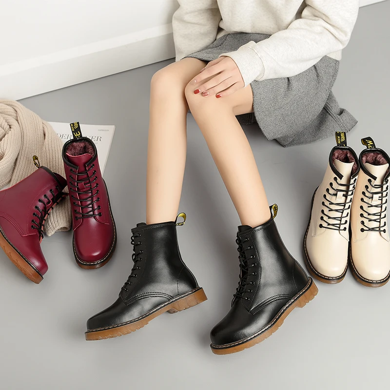 Snow Boots Winter Boot Fur Warm Comfortable Ankle Boots for Women Martin Boots Genuine Leather Shoes Flat Casual Booties
