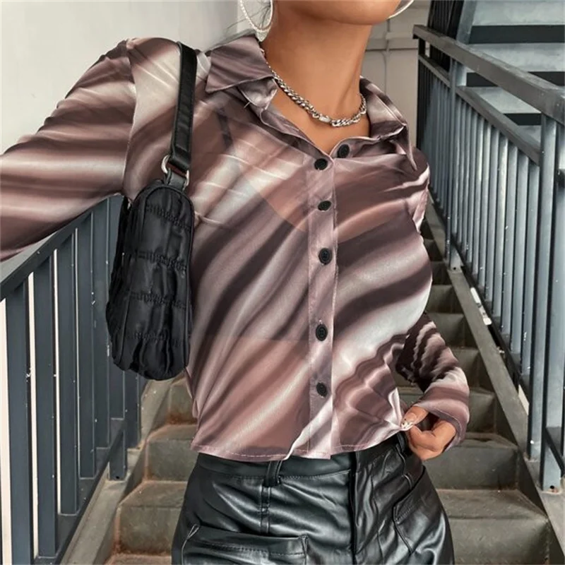 

hirigin Women Button Down Shirts Fashion See Through Striped Print Sheer Mesh Crop Tops Party Club Long Sleeve Shirts 2021