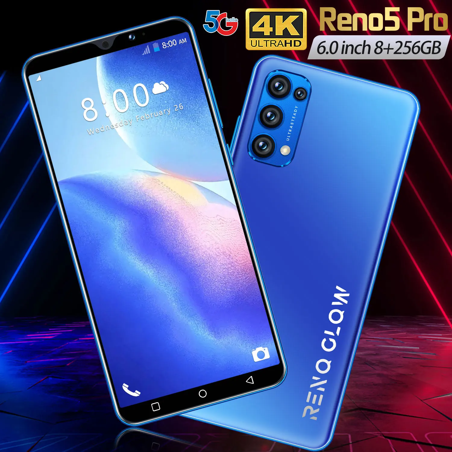 

Reno5 Pro New Arrival 6.0 Inch Andriod 10 Smartphone MTK6889 Face Fingerprint ID 128/256GB 16+32MP Dual SIM 6800MAH Battery