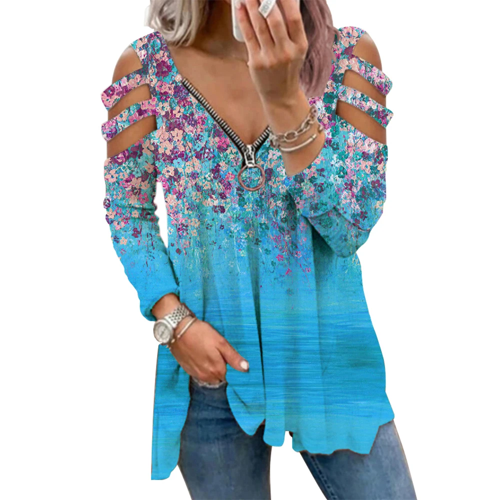 

Floral Print Women's Clothing 2021 Autumn Long Sleeve V-Neck Zipper Casual T-shirt Ladies Tunic Tops Fashion Oversize Tee Shirts