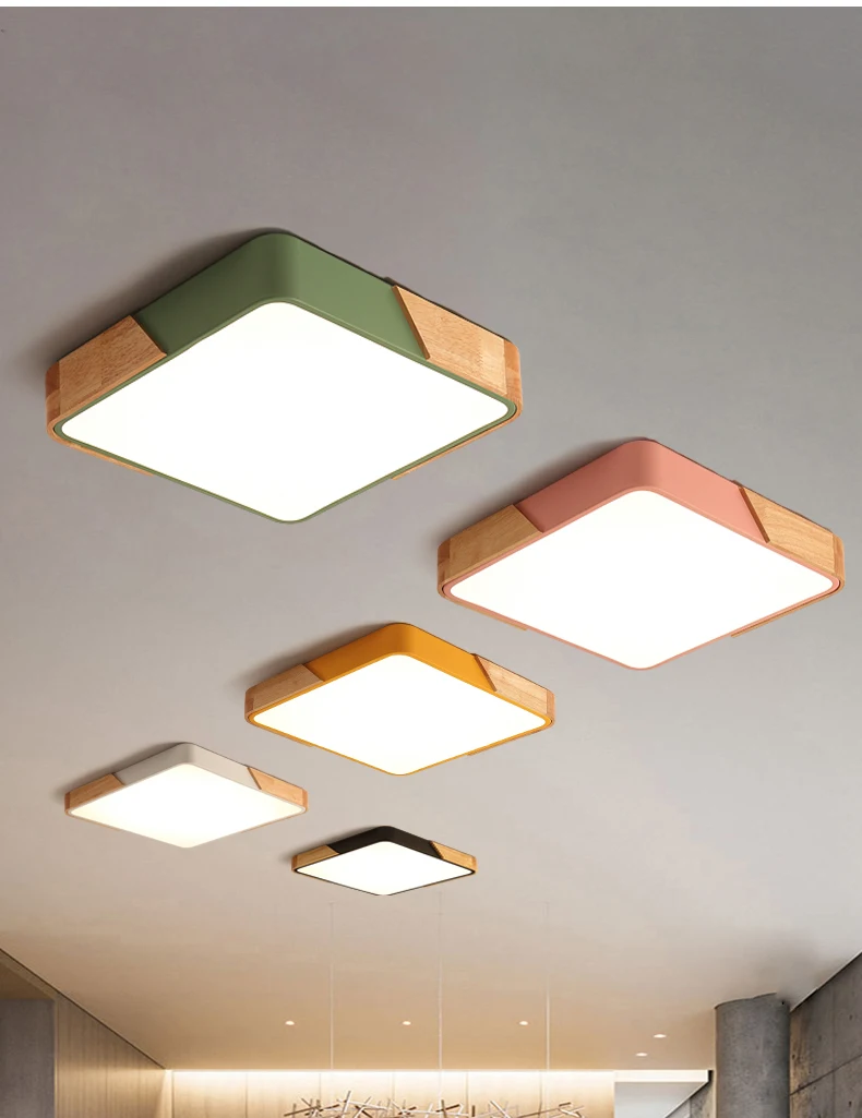 Nordic Square Oak Alloy Led Chandelier Lighting Living Room App Dimmable Led Ceiling Chandelier Lamp Bedroom Led Lights Fixtures