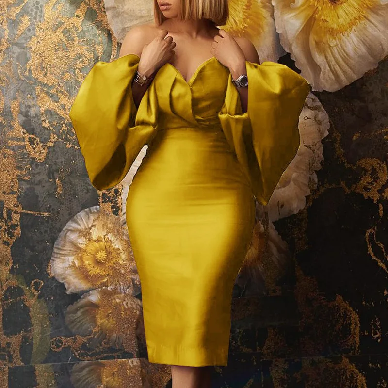 

Evening Party Dress Women Elegant Sexy Off Shoulder Long Lantern Sleeve Pencil Dress Night Club African Bodycon Dress Plus Size