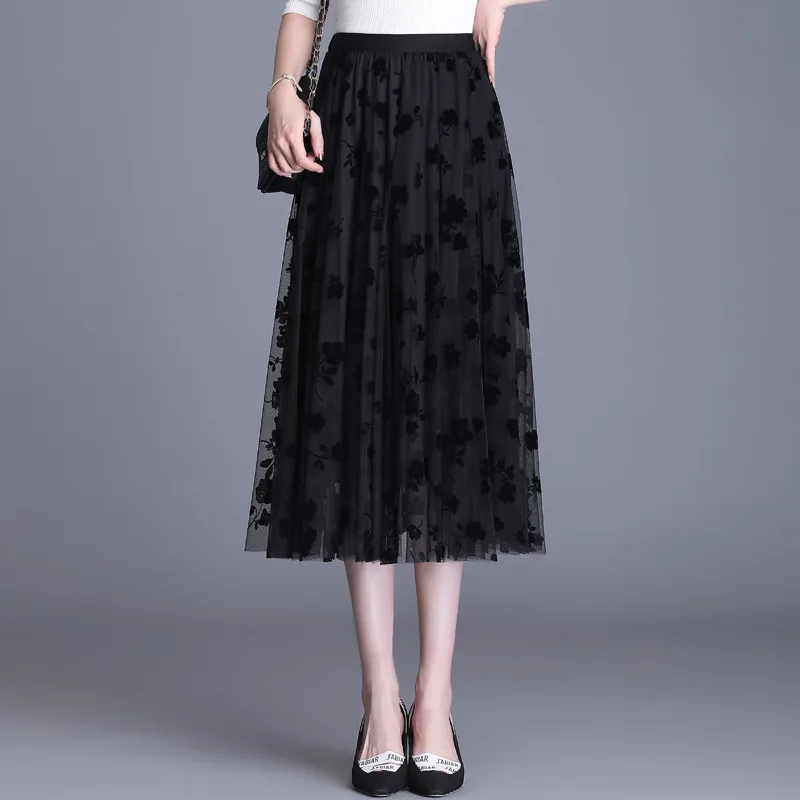 

2021 Fashion New Spring Mesh Fairy Pleated Skirt Women Elastic High Waist Transparentes A-Line Casual Skirts Bohemian Style