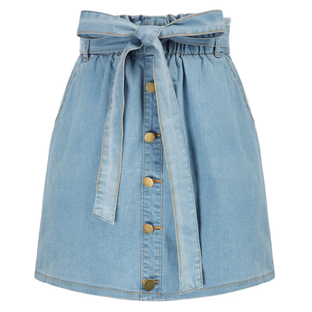 

Women Elastic Waist Denim Skirt With Belt Multi-Pocket A-Line Mini Skirt Belt Summer Casual Youth Girls Mini Skirts New