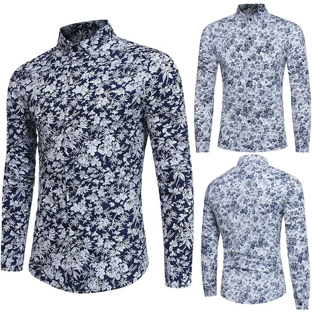 Мужская рубашка со стоячим воротником Ретро блуза с цветочным принтом