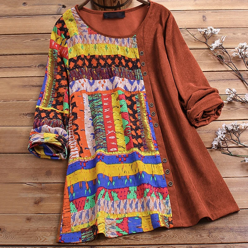 Туника женская с винтажным принтом повседневные Лоскутные пуловеры круглым