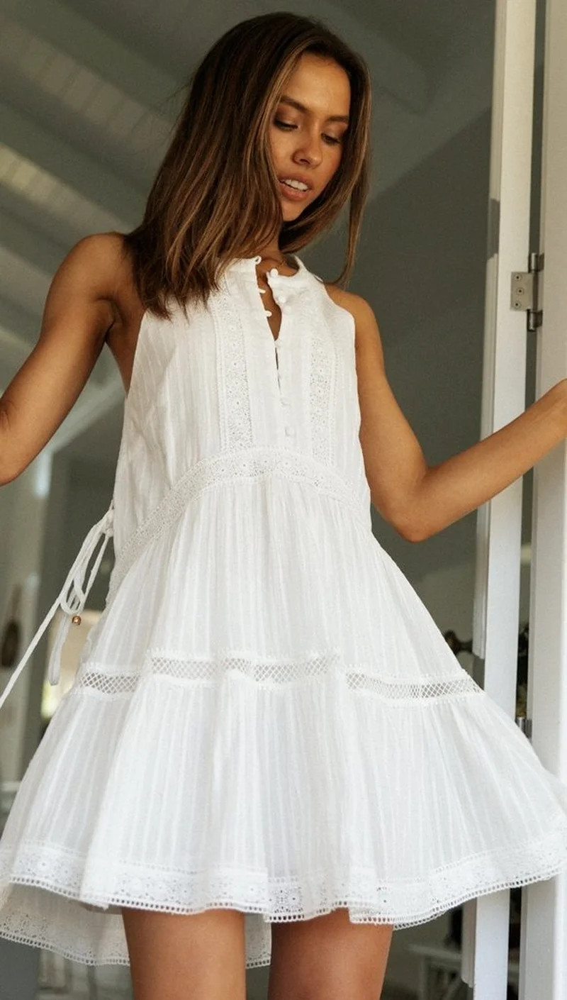 Женское летнее Мини Платье винтажные кружевные платья Пляжное короткое вязаное