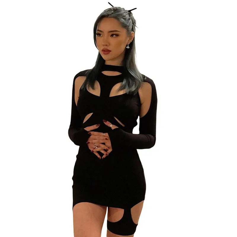 

Women Black Hollow Out Dress O Neck Long Sleeve Sexy Casual Bodycon Streetwear Mini Dress Clubwear Solid Fit Robe 2021 Summer