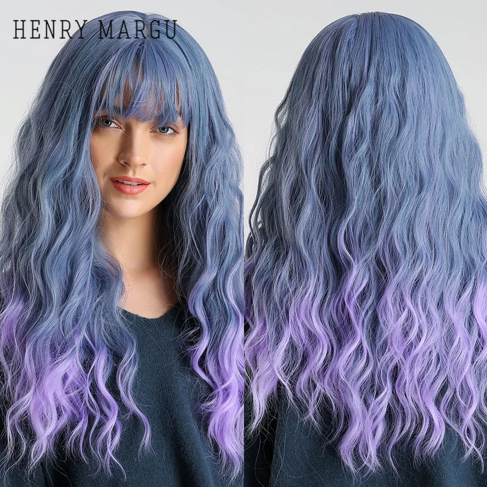 

HENRY MARGU Cosplay Party Lolita Wigs Long Wave Blue Purple Ombre for Women Afro Synthetic Hair Wigs with Bangs Heat Resistant