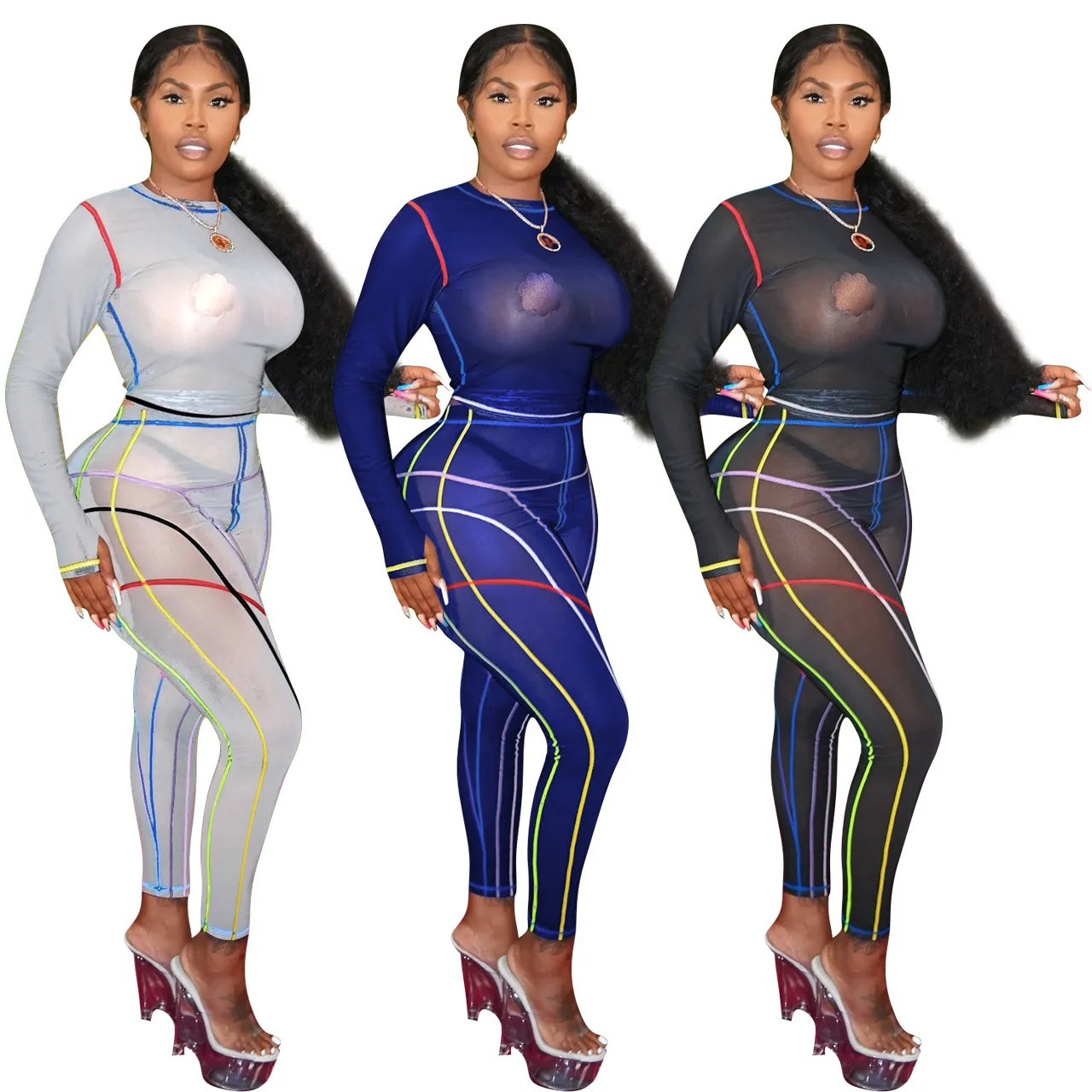 

Echoine Colorful Striped Print Legging Pants and Top Two Piece Set Sexy Bodycon Sheer Mesh See Through Tracksuit Party Clubwear