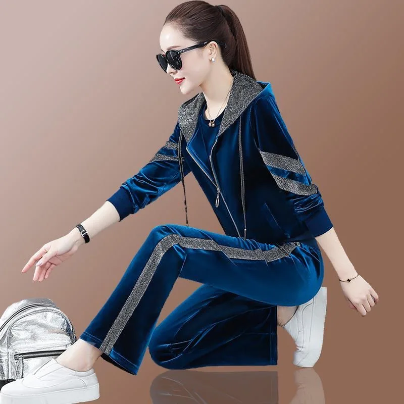 

Women Velvet Tracksuit Bright Spliced Hooded Coat+Letter Printed Short Sleeve T-shirt+Patchwork Edge Jogging Pant Sportwear Suit