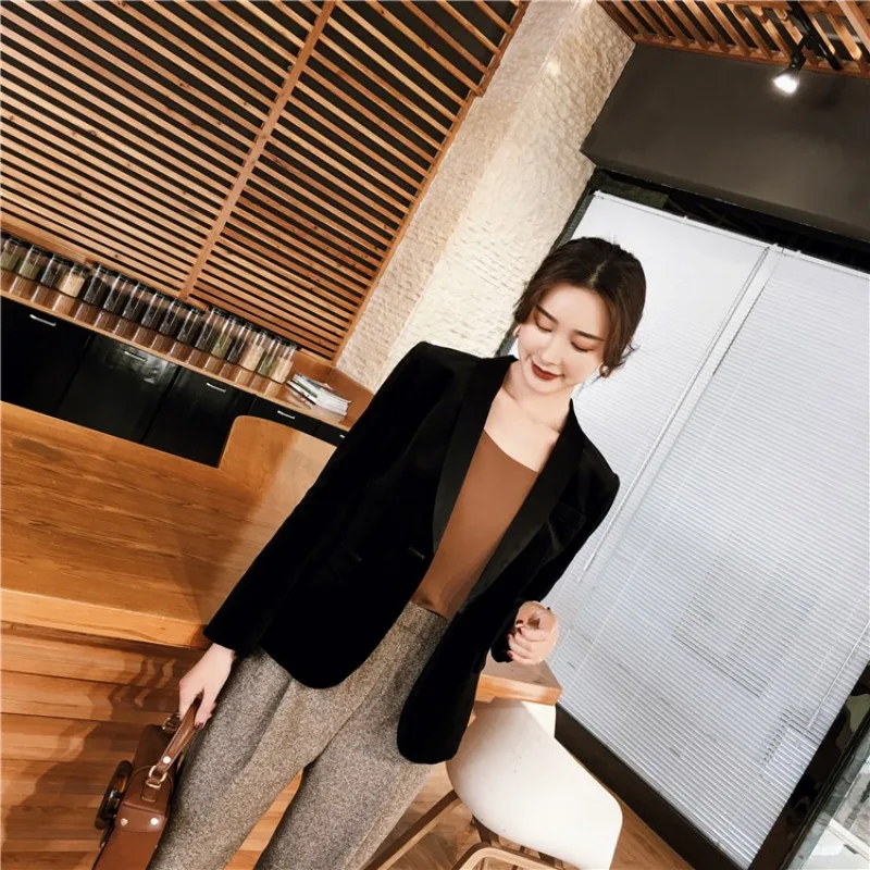 

Office Lady Black Velvet Blazers Turn-Down Collar Single Button Slim Fit Spring Autumn Women Solid Long-Sleeve Jacket Korean