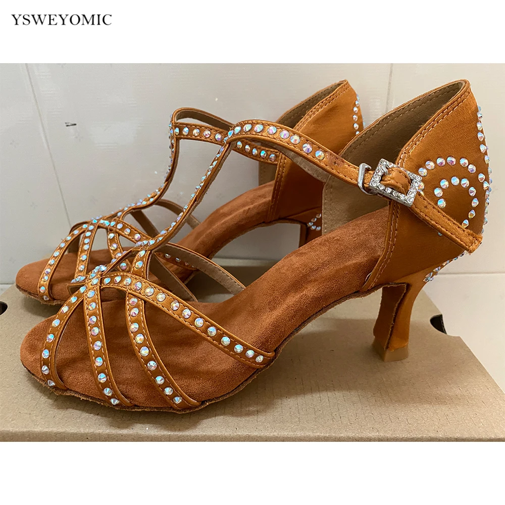 2021 Summer New Style Salsa Shoes Soft Thick Insole Black Bronze Red Satin Crystal Dance Shoes Latin Women