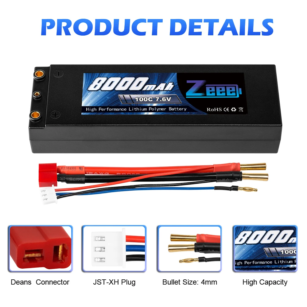Zeee 7,6 V 8000mAh 100C Lipo аккумулятор жесткий чехол RC автомобильное зарядное устройство с 4 мм штепсельной вилкой RC Lipo батарея для грузовика багги