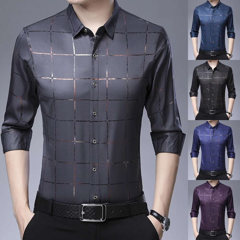 

2021 Fashion New Brand Long Sleeve Shirt Business Formal Wear Men Shirts Slim Fit Casual Blouse Cotton Plaid Printed Tops