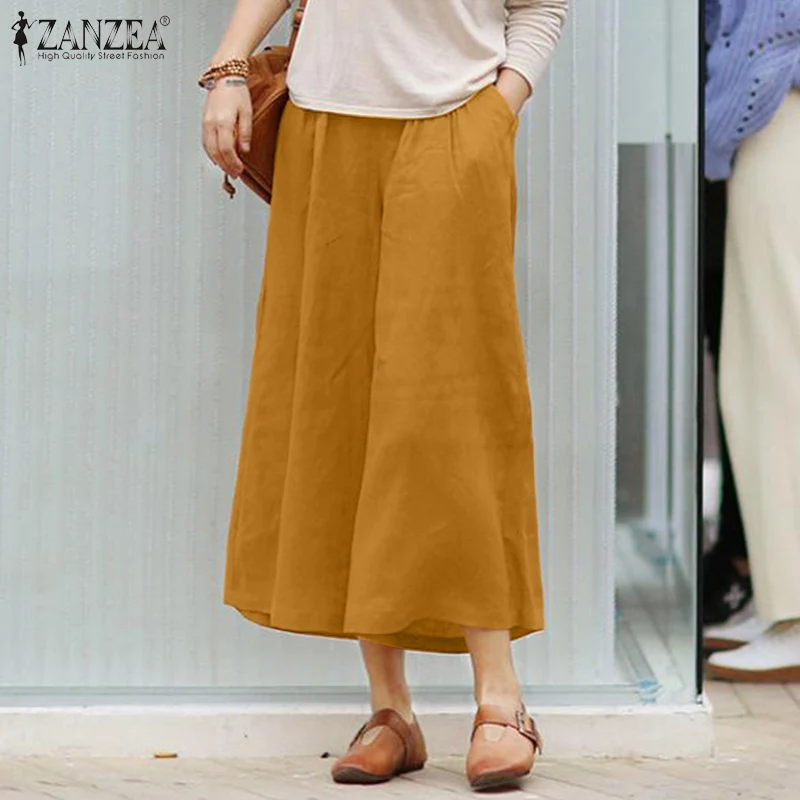 

Summe Vintage Women's Harajuku Pants 2021 Cotton Linen Wide Leg Pant ZANZEA Casual Solid Elastic Waist Pockets Oversized Palazzo