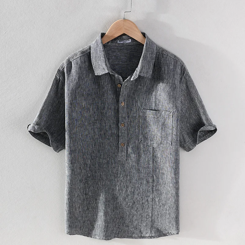 

100% Linen new arrival yarn-dyed gray breathable shirts men brand casual summer shirt for men tops mens clothes camisa chemise