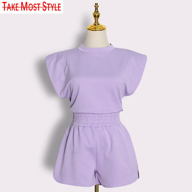 

2021 Summer Cotton Sets Women Casual Two Pieces Short Sleeve T Shirts and High Waist Short Pants Solid Outfits Tracksuit