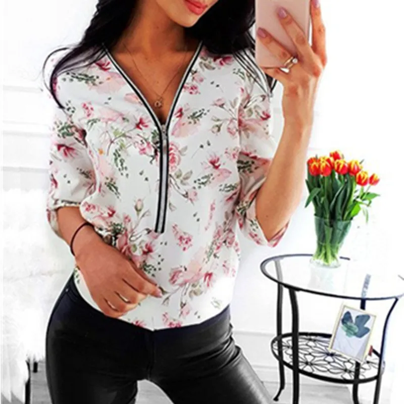 

Zipper V-Neck Short Sleeve Tops Women New Fashion Fit Vintage Floral Print Shirts Summer Elegant Pullover Top Woman Clothes