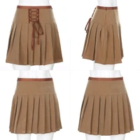 women high waist a line pleated mini skirt harajuku crisscross lace up bandage solid color khaki school streetwear